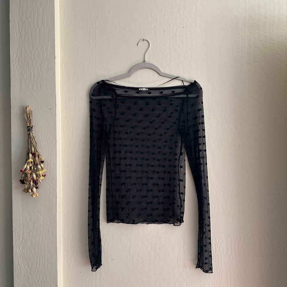 Free people Black Dot Mesh Long-Sleeve Top